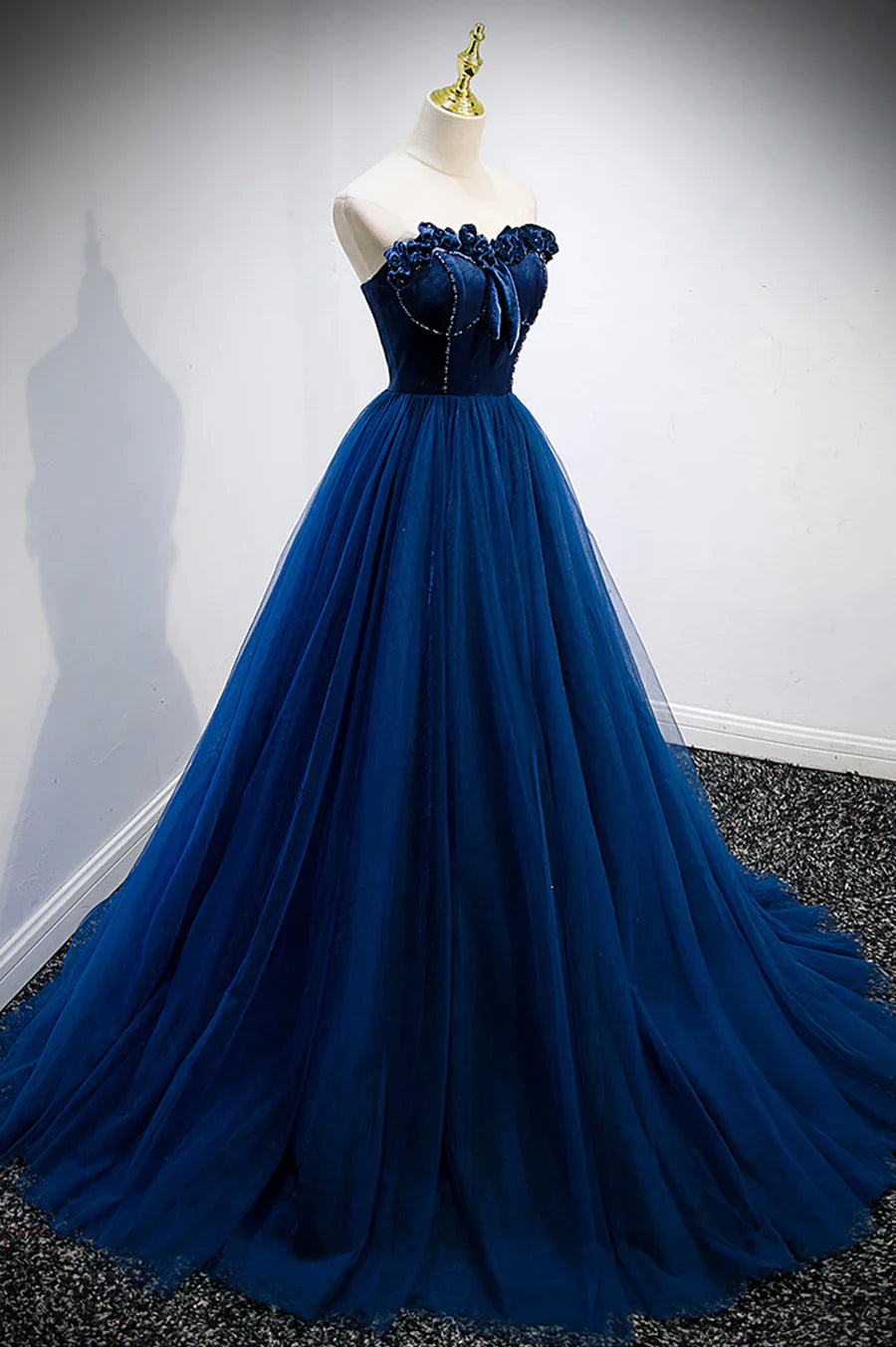 Blue Velvet Tulle Long Prom Dresses, A-Line Strapless Evening Dresses TP577