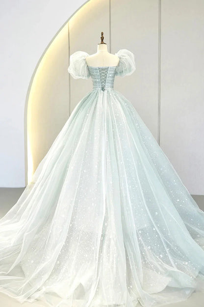 Lovely Puff Sleeve Tulle Formal Evening Gown, A-Line Long Prom Dress TP580