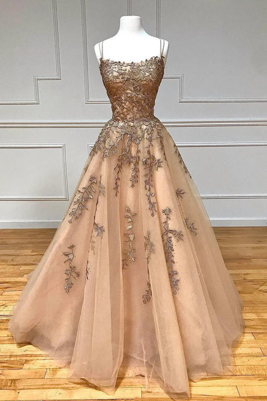 A-Line Spaghetti Straps Lace Long Prom Dress, Lace Evening Dress TP581