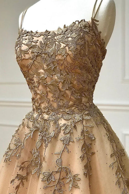 A-Line Spaghetti Straps Lace Long Prom Dress, Lace Evening Dress TP581