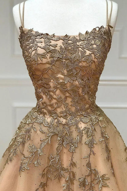 A-Line Spaghetti Straps Lace Long Prom Dress, Lace Evening Dress TP581