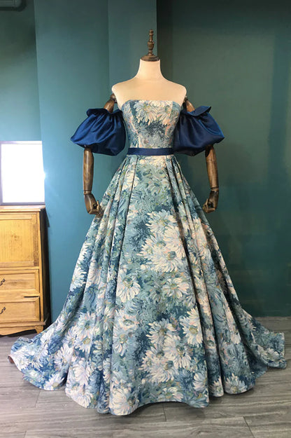 Blue Floral Long Senior Prom Dress, Blue A-Line Evening Dress TP583