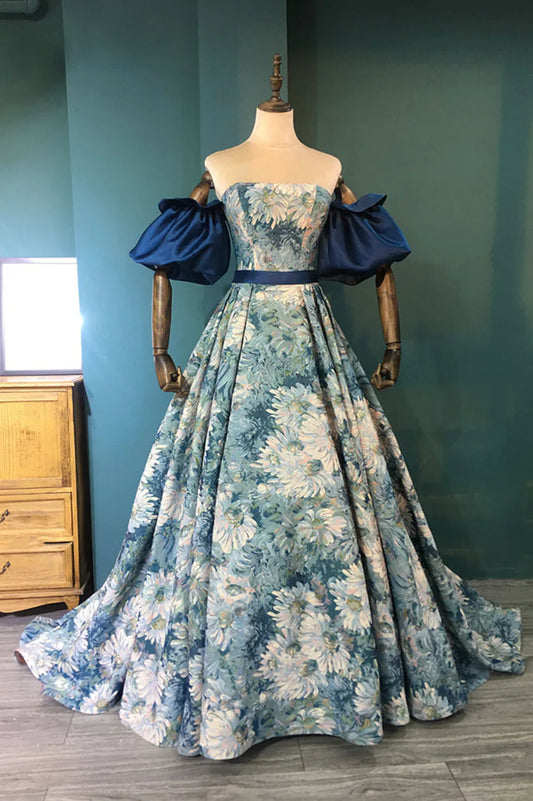 Blue Floral Long Senior Prom Dress, Blue A-Line Evening Dress TP583
