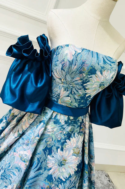 Blue Floral Long Senior Prom Dress, Blue A-Line Evening Dress TP583