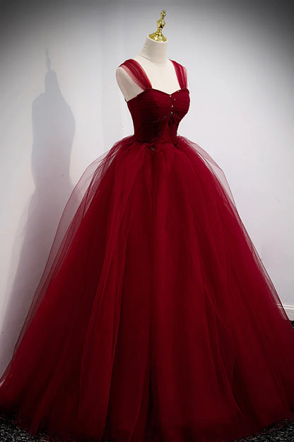 Burgundy Tulle Long A-Line Prom Dress, Burgundy Evening Party Dress TP587