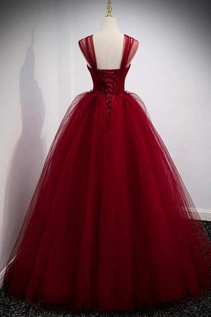 Burgundy Tulle Long A-Line Prom Dress, Burgundy Evening Party Dress TP587