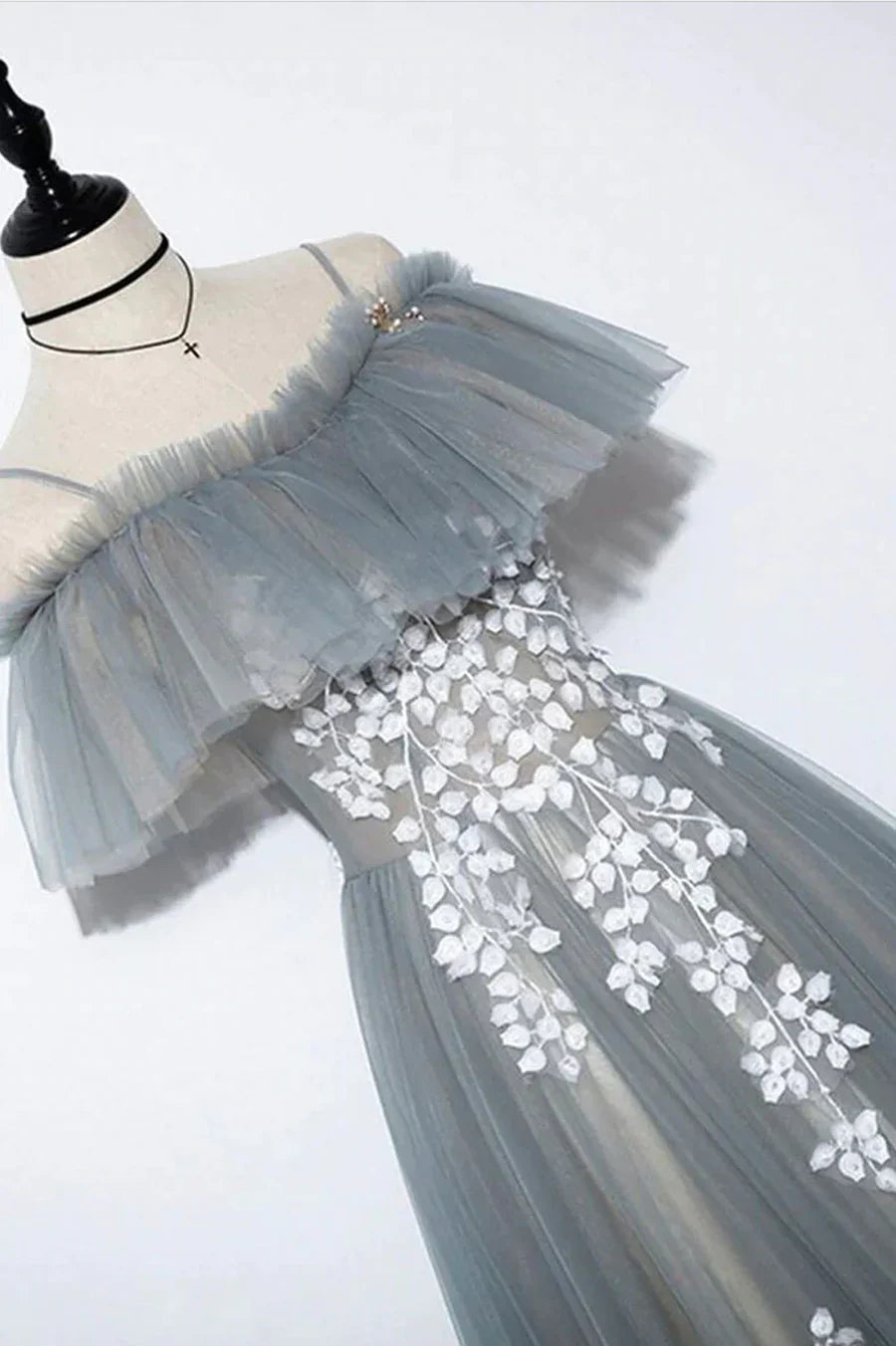 Gray Tulle Lace Long Prom Dress, A-Line Evening Dress TP597