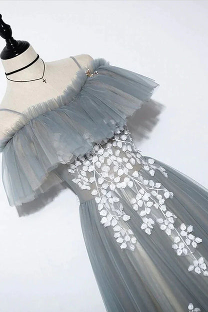 Gray Tulle Lace Long Prom Dress, A-Line Evening Dress TP597