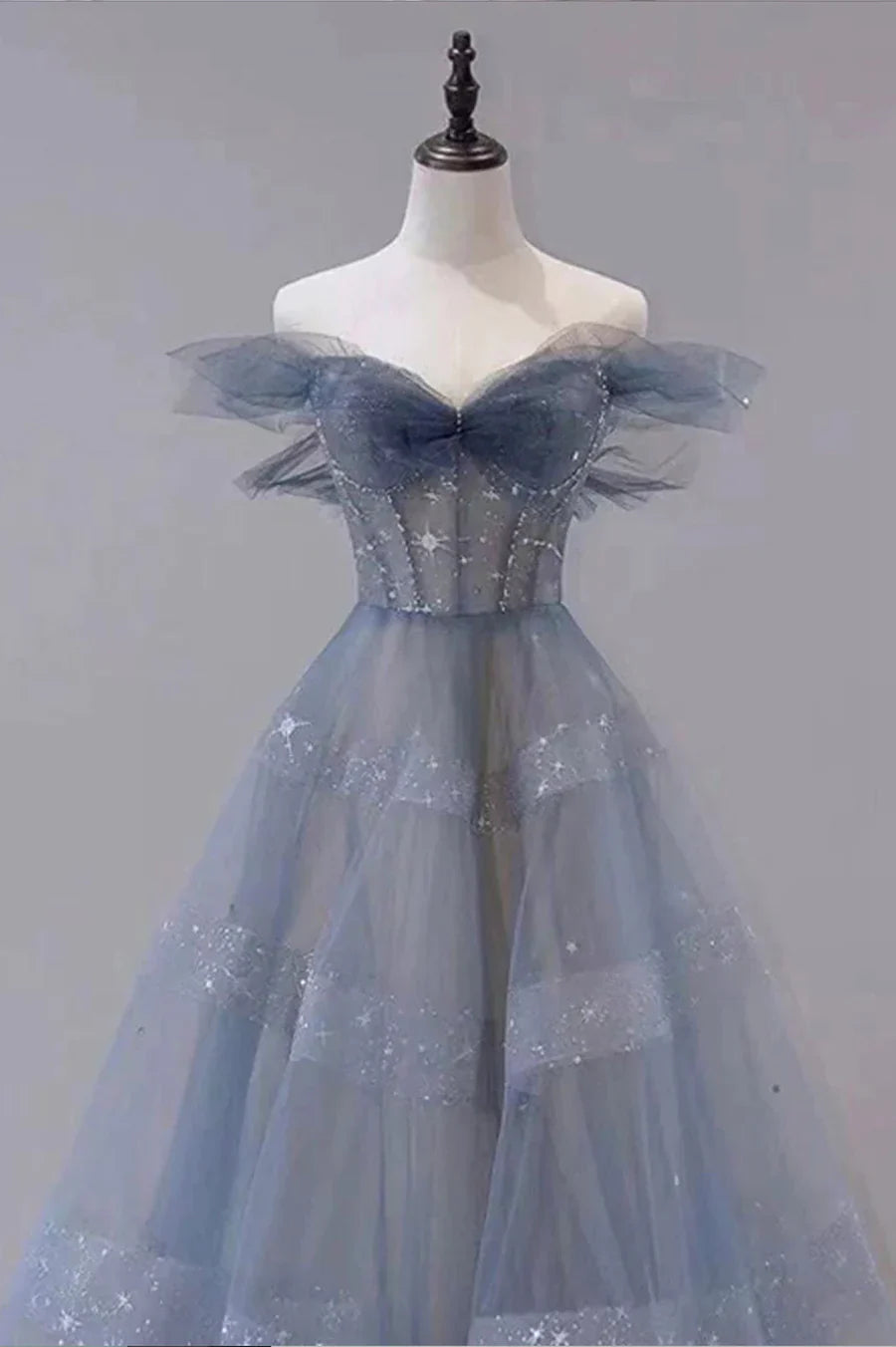 A-Line Off Shoulder Layers Tulle Long Evening Dress, Blue Formal Dress TP598