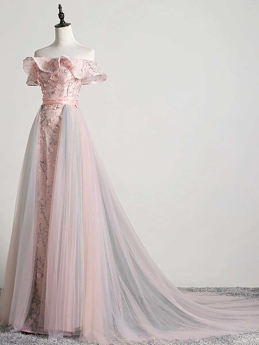 Lovely Tulle Applique Long Prom Dress, A-Line Evening Dress with Detachable Skirt TP599