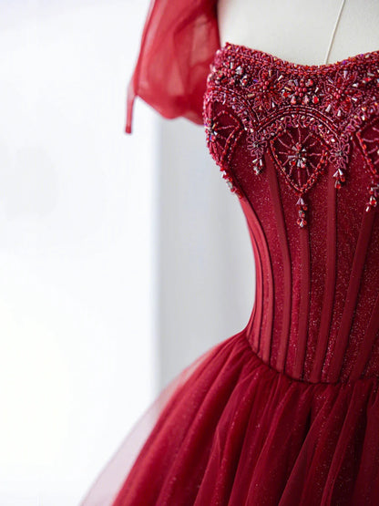 Burgundy Tulle Beaded Long Prom Dress, A-Line Formal Evening Dress TP603