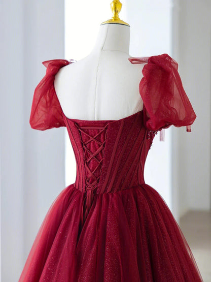 Burgundy Tulle Beaded Long Prom Dress, A-Line Formal Evening Dress TP603