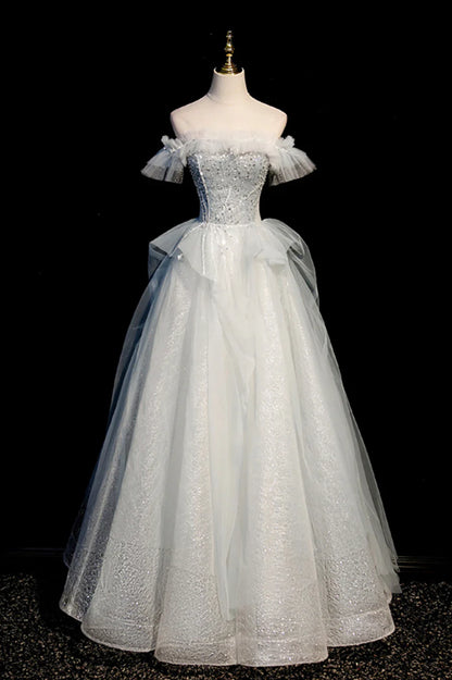 Off the Shoulder Tulle Long Prom Dress, A-Line Evening Dress TP604