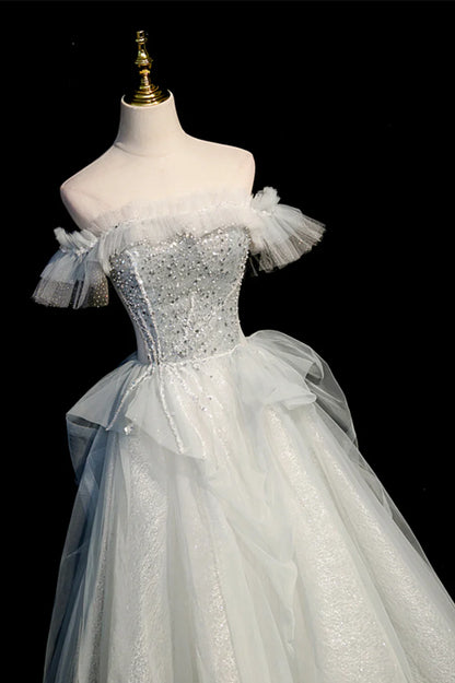 Off the Shoulder Tulle Long Prom Dress, A-Line Evening Dress TP604