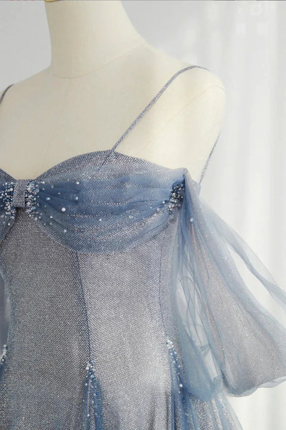 Blue Spaghetti Strap Tulle Long Prom Dress, A-Line Formal Dress TP609