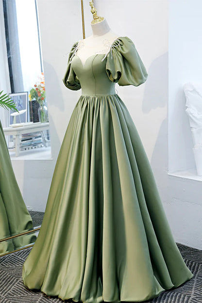 Green Satin A-Line Long Formal Dress, Green Junior Prom Dress TP613