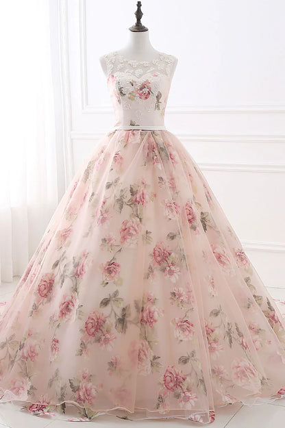 Pink Floral Pattern Lace Long Prom Dress, A-Line Formal Dress TP615
