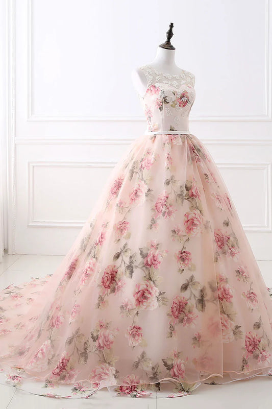 Pink Floral Pattern Lace Long Prom Dress, A-Line Formal Dress TP615