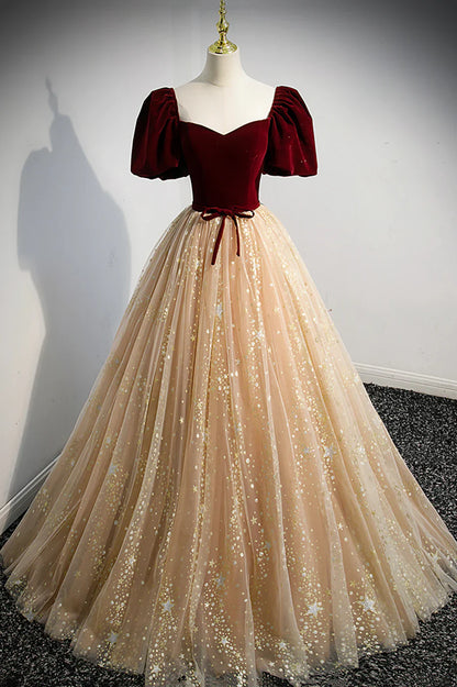 Cute Velvet Tulle Long Prom Dress, A-Line Evening Dress TP617