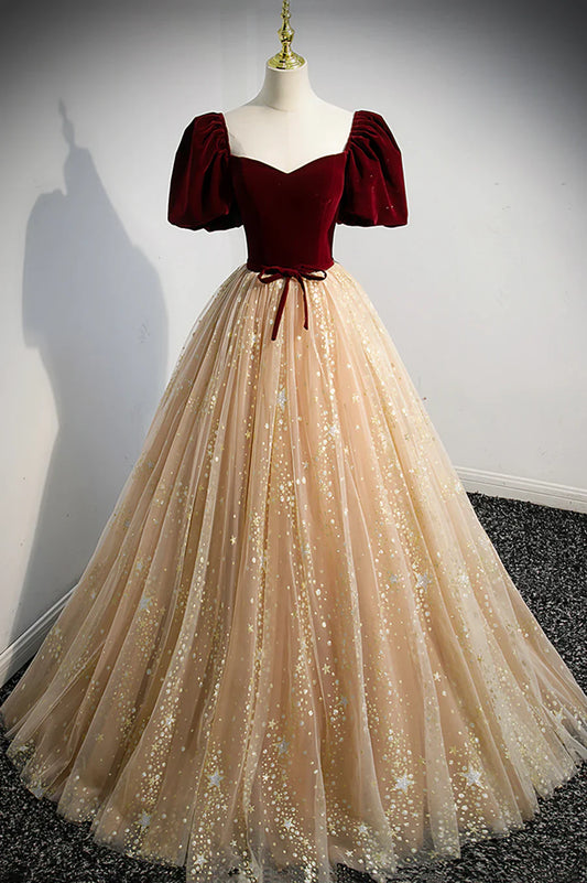 Cute Velvet Tulle Long Prom Dress, A-Line Evening Dress TP617