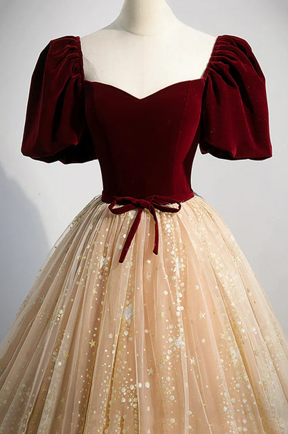 Cute Velvet Tulle Long Prom Dress, A-Line Evening Dress TP617