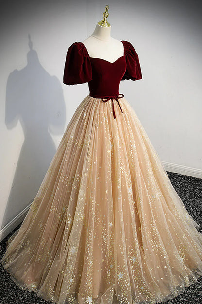 Cute Velvet Tulle Long Prom Dress, A-Line Evening Dress TP617