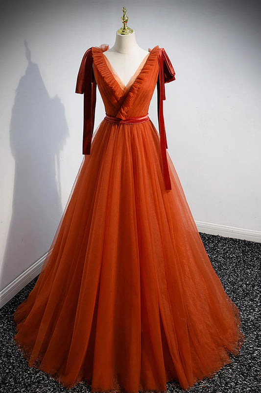 Simple V-Neck Tulle Long Prom Dress, A-Line Formal Evening Dress TP618