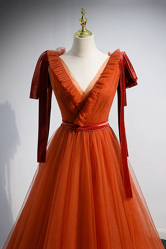 Simple V-Neck Tulle Long Prom Dress, A-Line Formal Evening Dress TP618