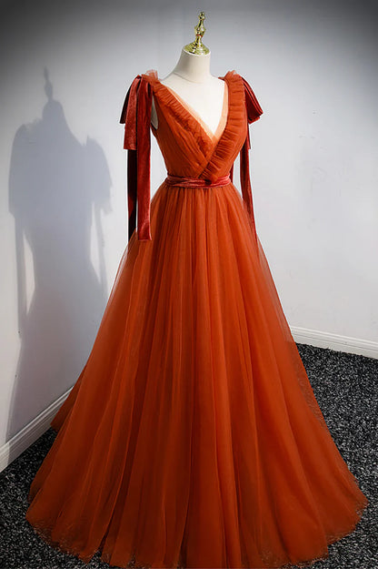 Simple V-Neck Tulle Long Prom Dress, A-Line Formal Evening Dress TP618