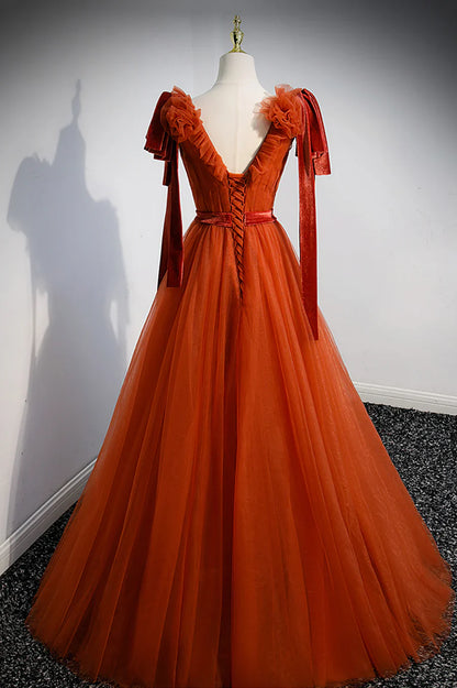 Simple V-Neck Tulle Long Prom Dress, A-Line Formal Evening Dress TP618