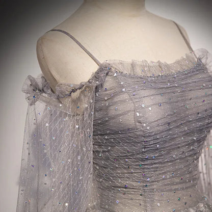 Gray Tulle Sequins Long Prom Dress, Long Sleeve Evening Dress TP619