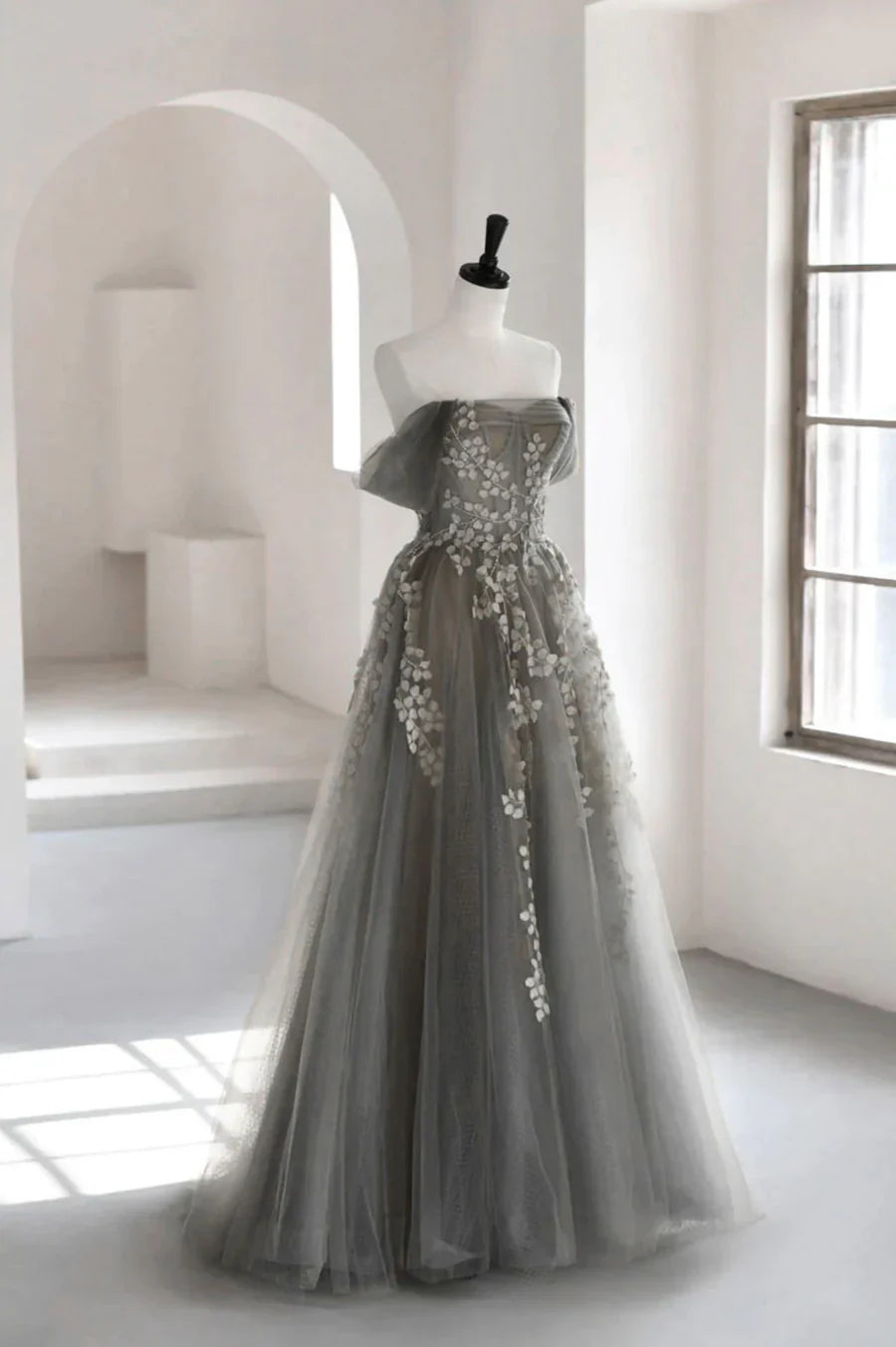Gray Tulle Lace Long Prom Dress, A-Line Off the Shoulder Evening Dress TP620