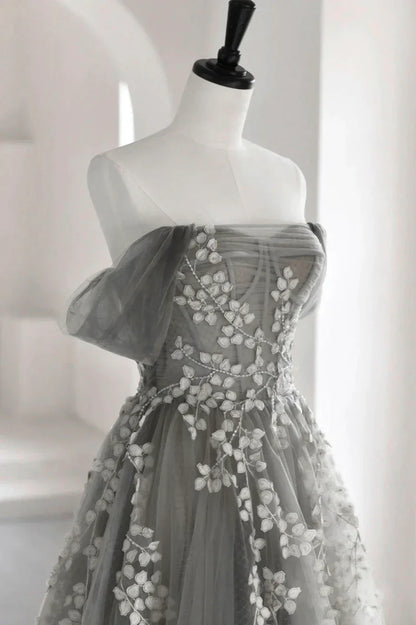 Gray Tulle Lace Long Prom Dress, A-Line Off the Shoulder Evening Dress TP620