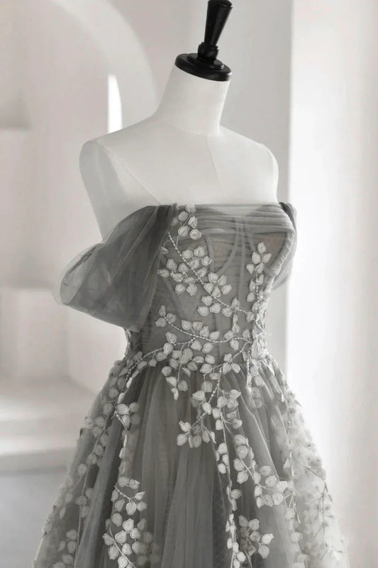 Gray Tulle Lace Long Prom Dress, A-Line Off the Shoulder Evening Dress TP620