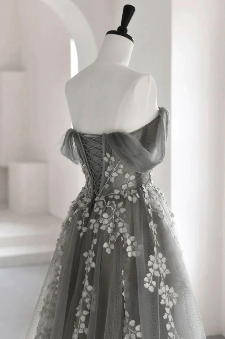 Gray Tulle Lace Long Prom Dress, A-Line Off the Shoulder Evening Dress TP620