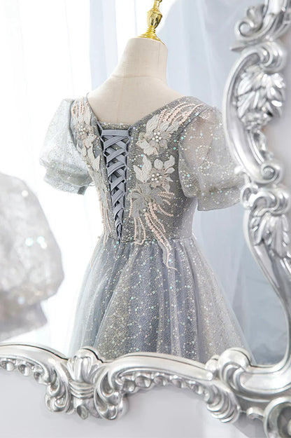 Gray Tulle Lace Long Party Dress, A-Line Evening Dress TP622