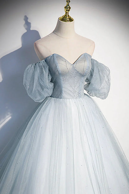 Blue Tulle Long A-Line Prom Dress, Blue Off the Shoulder Evening Dress TP624