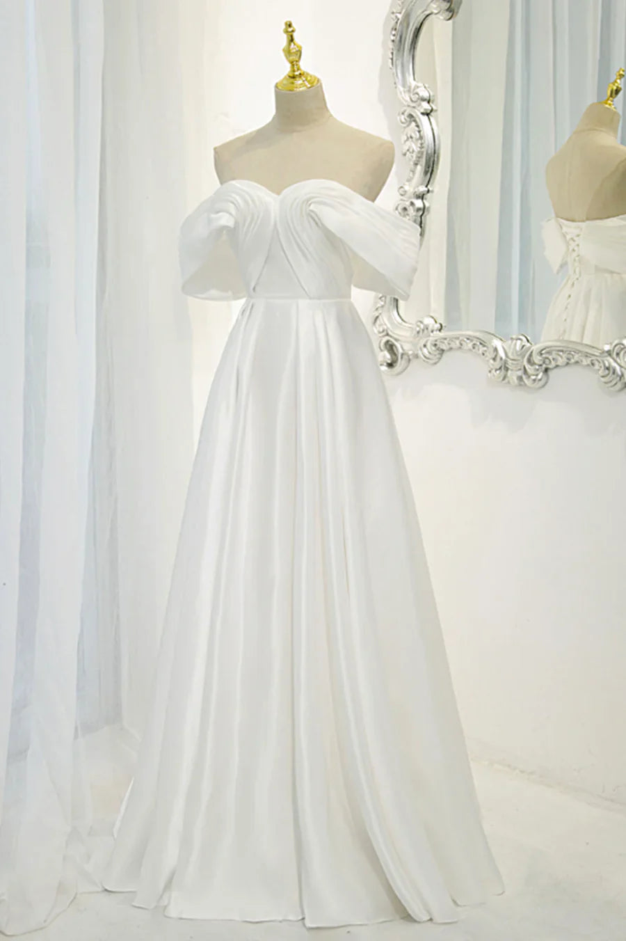 White Satin Long Prom Dress, Off the Shoulder Evening Dress TP625