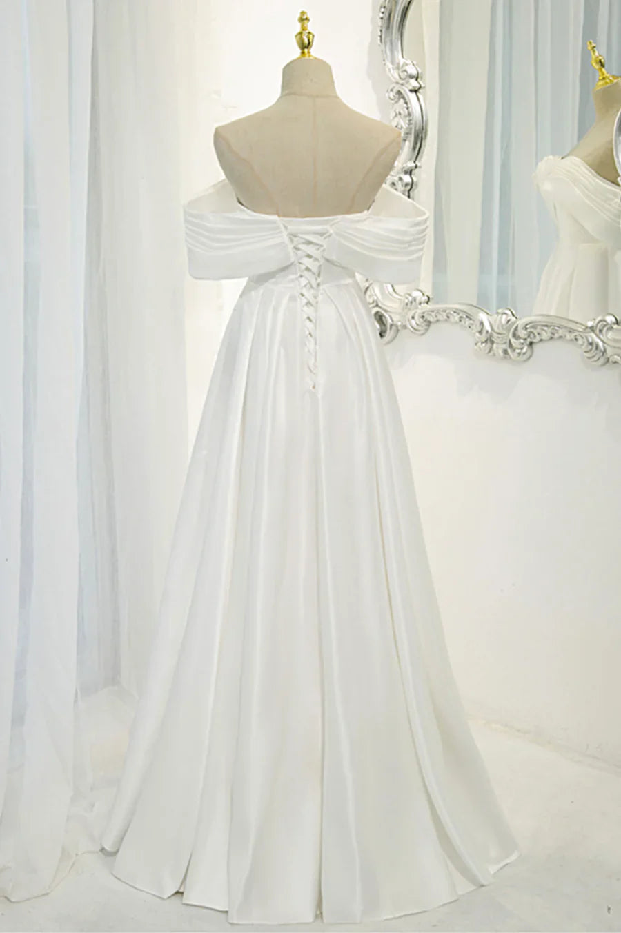 White Satin Long Prom Dress, Off the Shoulder Evening Dress TP625