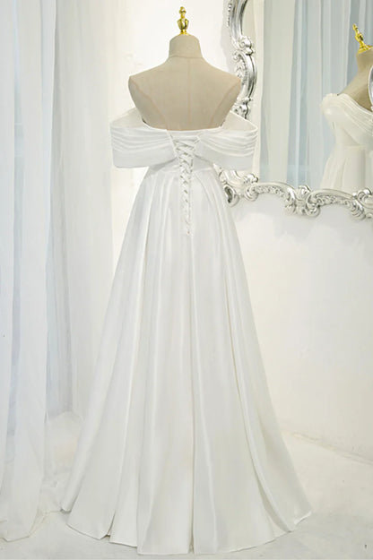 White Satin Long Prom Dress, Off the Shoulder Evening Dress TP625
