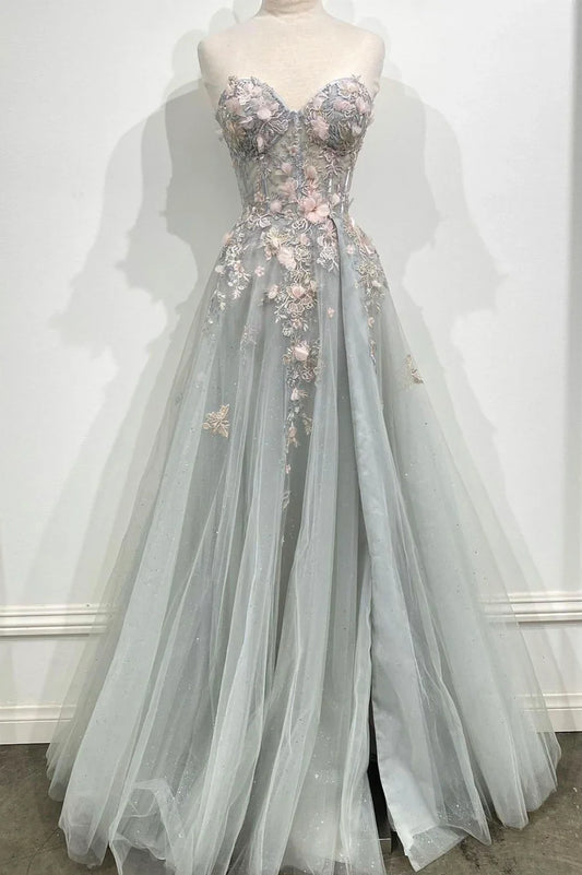 Gray Strapless Lace Long A Line Prom Gown, Graduation Dress TP627