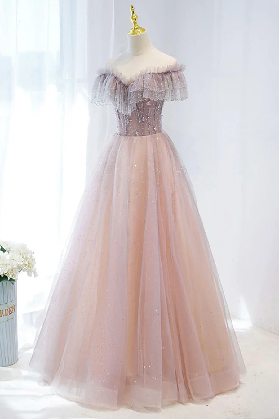 Pink Tulle Beaded Long Formal Dress, Pink V-Neck Prom Dress TP630