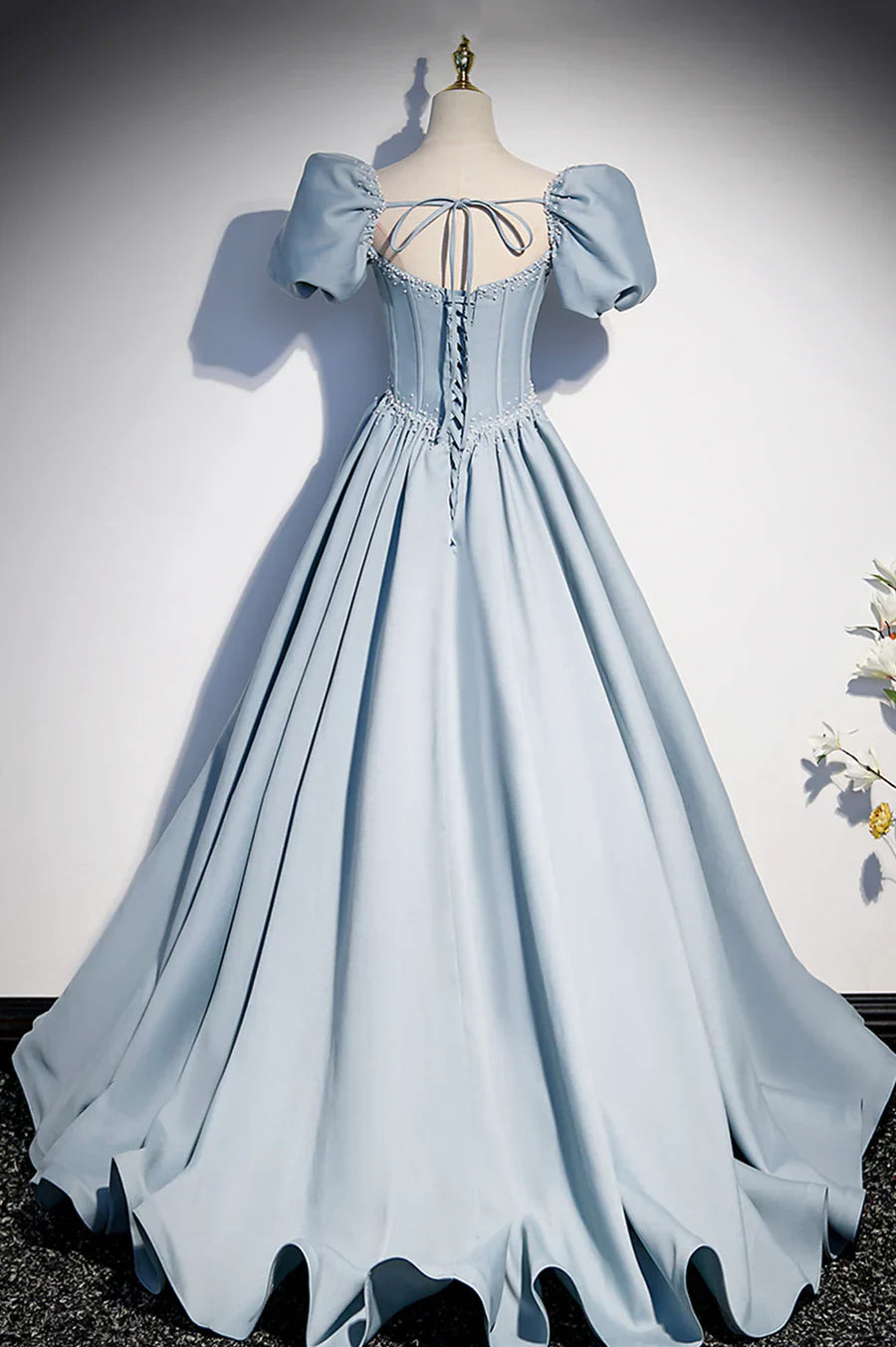 Blue Satin Pearl Long Prom Dress, Blue A-Line Short Sleeve Evening Dress TP632