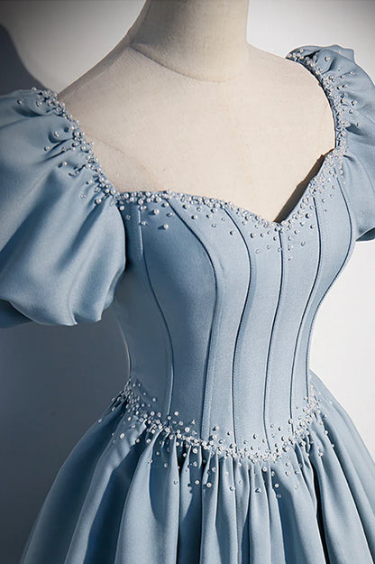 Blue Satin Pearl Long Prom Dress, Blue A-Line Short Sleeve Evening Dress TP632