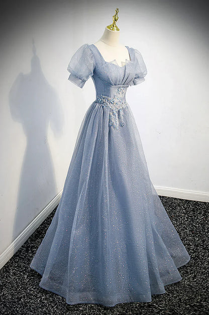 Cute Tulle Lace Long Prom Dresses, A-Line Evening Party Dresses TP634