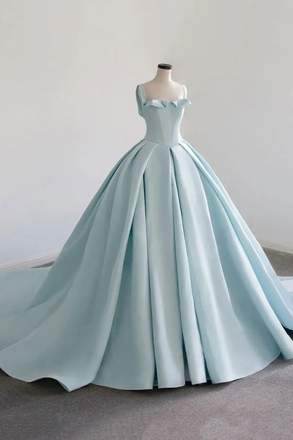 Blue Satin Long A-Line Ball Gown, Blue Evening Gown with Train TP635