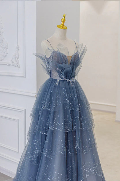 Blue Tulle Layers Straps Beaded Long Prom Dresses, A-Line Evening Dresses TP638