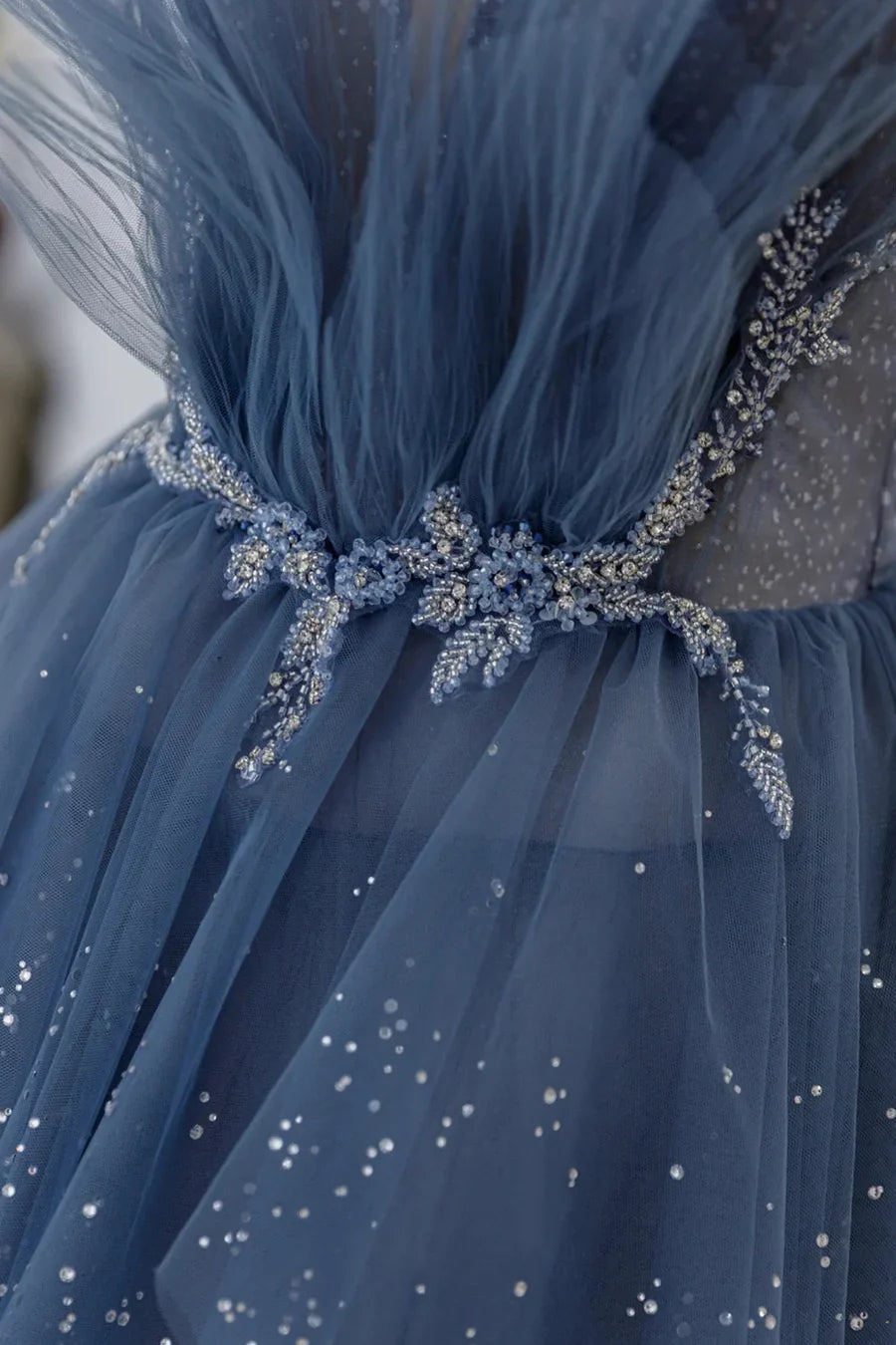 Blue Tulle Layers Straps Beaded Long Prom Dresses, A-Line Evening Dresses TP638
