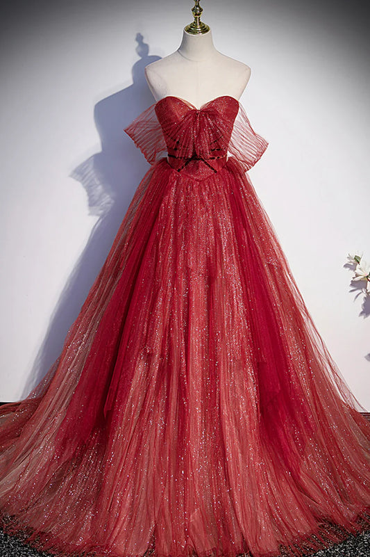 Burgundy Sweetheart Neckline Tulle Long Prom Dress, A-Line Evening Dress TP640