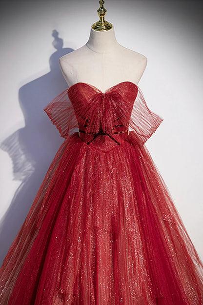 Burgundy Sweetheart Neckline Tulle Long Prom Dress, A-Line Evening Dress TP640